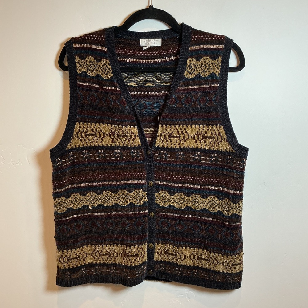 Christopher & Banks Fair Isle Chenille Sweater Vest Brown Tan Blue Button Front